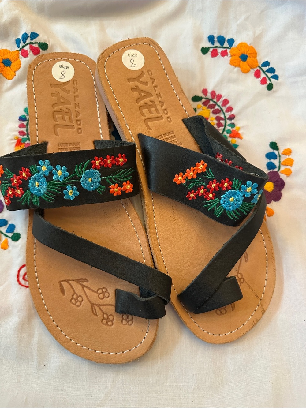 SIZE 8US Embroidered Black Leather Sandals with Colorful Floral Detail